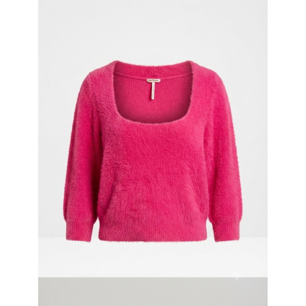 Free People Hot Pink Coquette Fuzzy Eyelash Knit Square Neck Sweater XL‎ Womens